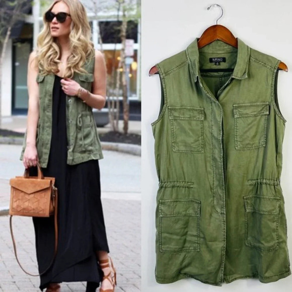 Olive Green Army Green Vest Tunic Length Cardigan Size Small - Picture 1 of 9